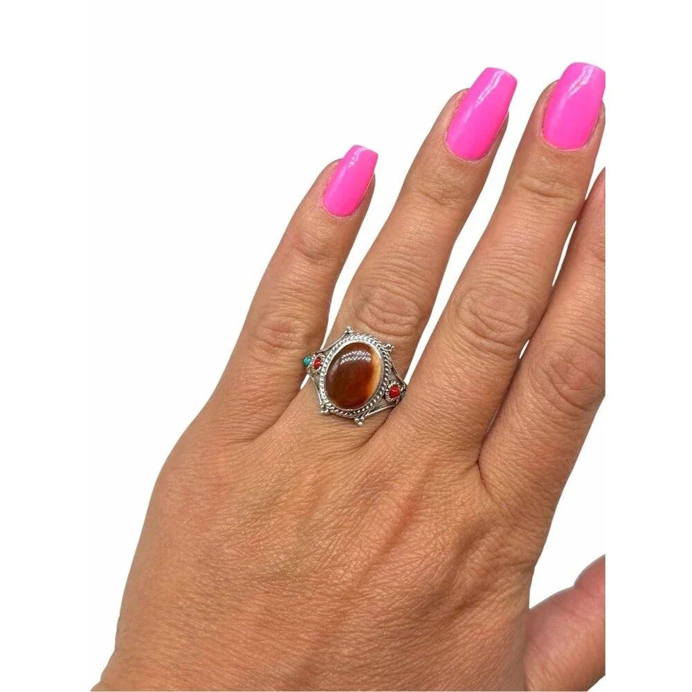 Red Moss Agate Coral & Turquoise Ring Size 7.5 Solid 925 Sterling Silver